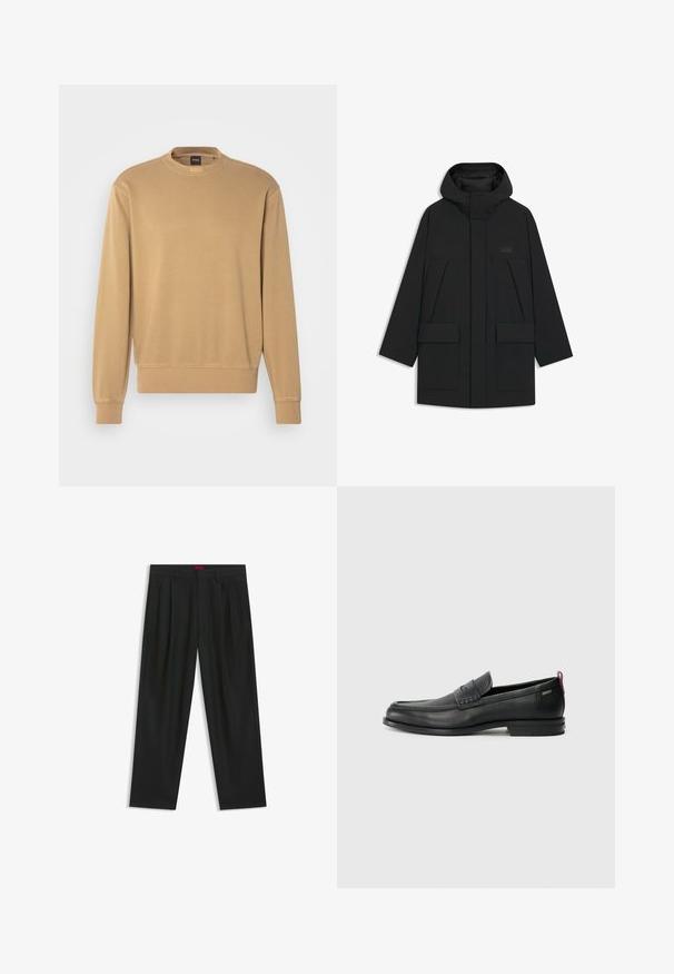 Black puffer jacket with a hood, featuring a zip closure, large front pockets, and a subtle logo on the chest. Smooth, lightweight fabric.; Beige sweatshirt with a crew neckline, ribbed cuffs, and hem. Soft fabric texture, minimalistic design, and subtle branding on the collar.; Black trousers with a pleated design, wide leg shape, and a smooth texture. Features a red waistband tag.; Black leather loafers with a textured front panel and smooth sides. Features a slim heel and rear loop for easy wear. Classic design.
