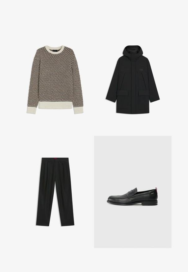 Black puffer jacket with a hood, featuring a zip closure, large front pockets, and a subtle logo on the chest. Smooth, lightweight fabric.; Textured sweater in brown, black, and cream. Crew neckline, ribbed cuffs and hem. Knitted pattern with contrasting color accents.; Black trousers with a pleated design, wide leg shape, and a smooth texture. Features a red waistband tag.; Black leather loafers with a textured front panel and smooth sides. Features a slim heel and rear loop for easy wear. Classic design.