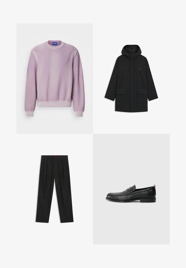 Zwarte bomberjack met capuchon, voorzien van een ritsluiting, grote voorkruiken en een subtiele logo op de borst. Zeker een gladde, lichte stof.; Lila gebreide trui met een ronde hals, ribgebreide manchetten en zoom, met subtiele naaddetails op de schouders en een zachte textuur.; Zwarte broek met een geplooid ontwerp, wijde pijpen en een zachte textuur. Voorzien van een rode taillebandlabel.; Zwarte leren instappers met een textuur aan de voorkant en gladde zijden. Voorzien van een slanke hak en een lus aan de achterkant voor gemakkelijk aan- en uittrekken. Klassiek ontwerp.