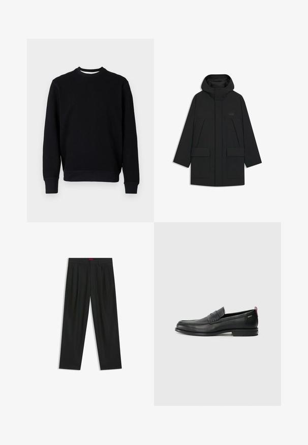 Schwarze Pufferjacke mit Kapuze, mit einem Reißverschluss, großen Fronttaschen und einem dezenten Logo auf der Brust. Glattes, leichtes Material.; Schwarzer Sweatshirt mit geripptem Rundhalsausschnitt, langen Ärmeln und strukturiertem Stoff. Aus einem einfarbigen Material ohne sichtbare Muster oder Akzente.; Schwarze Hose mit einem gefältelten Design, weiter Beinform und glatter Textur. Verfügt über ein rotes Taillenlabel.; Schwarze Lederloafers mit einem strukturierten Vorderteil und glatten Seiten. Sie verfügen über einen schmalen Absatz und eine Schlaufe an der Rückseite für einfaches Anziehen. Klassisches Design.