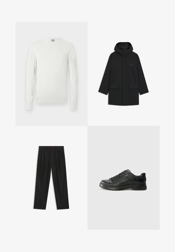 Black puffer jacket with a hood, featuring a zip closure, large front pockets, and a subtle logo on the chest. Smooth, lightweight fabric.; White ribbed knit sweater with a round neck, long sleeves, and a small logo patch on the chest. Soft texture and fitted silhouette.; Black trousers with a pleated design, wide leg shape, and a smooth texture. Features a red waistband tag.; Black leather sneaker with textured upper, padded collar, and red logo detail. Features a thick rubber sole with distinct tread pattern.