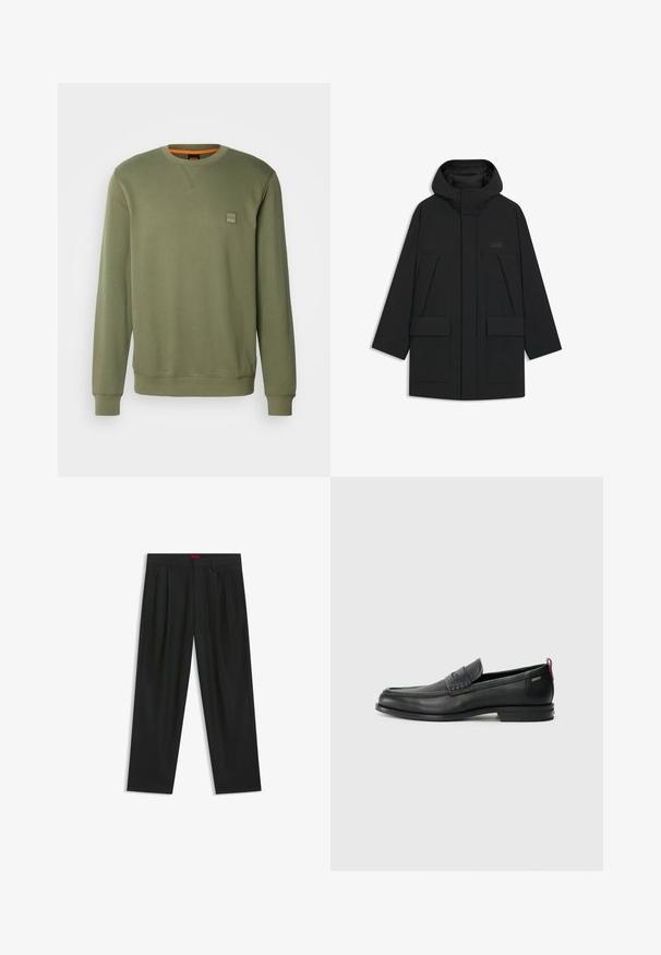 Svart pufferjacka med huva, som har dragkedja, stora framfickor och en diskret logga på bröstet. Slät, lättviktsmaterial.; BOSS WESTART - Sweatshirt - open green; Svarta byxor med vikta detaljer, bred benform och en slät textur. Har en röd midjebandsetikett.; Svarta läderloafers med en texturerad frontpanel och släta sidor. Utrustade med en smal klack och en bakre ögla för enkel påtagning. Klassisk design.