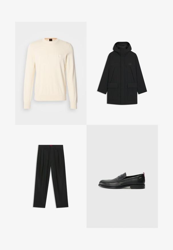 Svart pufferjacka med huva, som har dragkedja, stora framfickor och en diskret logga på bröstet. Slät, lättviktsmaterial.; Krämfärgad tröja med rund halsringning, långa ärmar och en liten fyrkantig logga på bröstet. Tillverkad av mjukt, premiumtyg.; Svarta byxor med vikta detaljer, bred benform och en slät textur. Har en röd midjebandsetikett.; Svarta läderloafers med en texturerad frontpanel och släta sidor. Utrustade med en smal klack och en bakre ögla för enkel påtagning. Klassisk design.