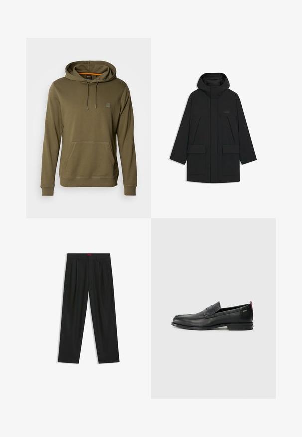 Chaqueta tipo puff negra con capucha, que cuenta con un cierre de cremallera, grandes bolsillos delanteros y un logo sutil en el pecho. Tela suave y ligera.; Sudadera color verde olivo hecha de una tela suave, con un bolsillo frontal, capucha ajustable con cordón y un discreto parche de logo en el pecho.; Pantalones negros con diseño plisado, forma de pierna ancha y textura suave. Presenta una etiqueta de cintura roja.; Mocasines de cuero negro con un panel frontal texturizado y laterales lisos. Presenta un tacón delgado y un lazo trasero para facilitar su uso. Diseño clásico.