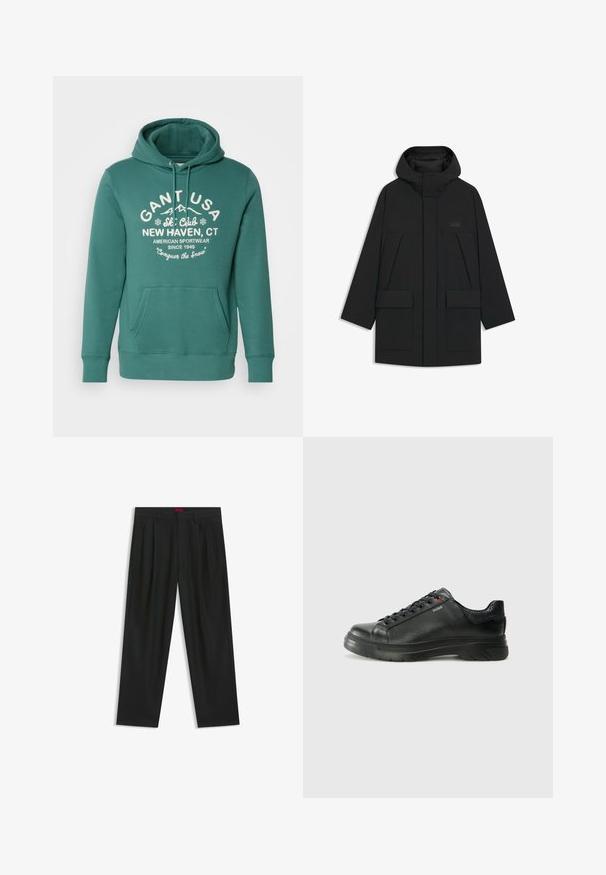 Giacca a vento nera con cappuccio, dotata di chiusura con zip, grandi tasche frontali e un logo discreto sul petto. Tessuto liscio e leggero.; Felpa verde realizzata in materiale morbido, con tasca frontale, cappuccio regolabile con cordoncino e testo bianco con logo e dettagli del club sciistico.; Pantaloni neri con un design plissè, forma a gamba larga e texture liscia. Presentano un'etichetta rossa in vita.; Sneaker nera in pelle con superficie testurizzata, collo imbottito e dettaglio logo rosso. Presenta una suola in gomma spessa con un motivo di battistrada distintivo.