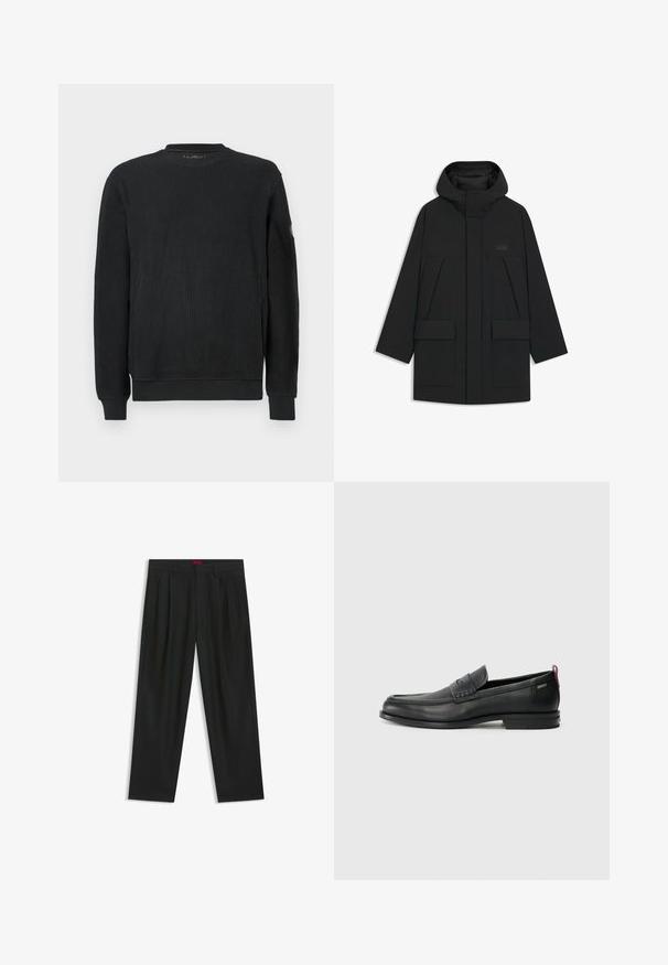 Giacca a vento nera con cappuccio, dotata di chiusura con zip, grandi tasche frontali e un logo discreto sul petto. Tessuto liscio e leggero.; Maglione nero a maniche lunghe in maglia con texture a coste, collo a giro, e polsini aderenti, fotografato su uno sfondo bianco.; Pantaloni neri con un design plissè, forma a gamba larga e texture liscia. Presentano un'etichetta rossa in vita.; Mocassini in pelle nera con un pannello anteriore testurizzato e lati lisci. Presentano un tacco sottile e un anello sul retro per una vestibilità facile. Design classico.