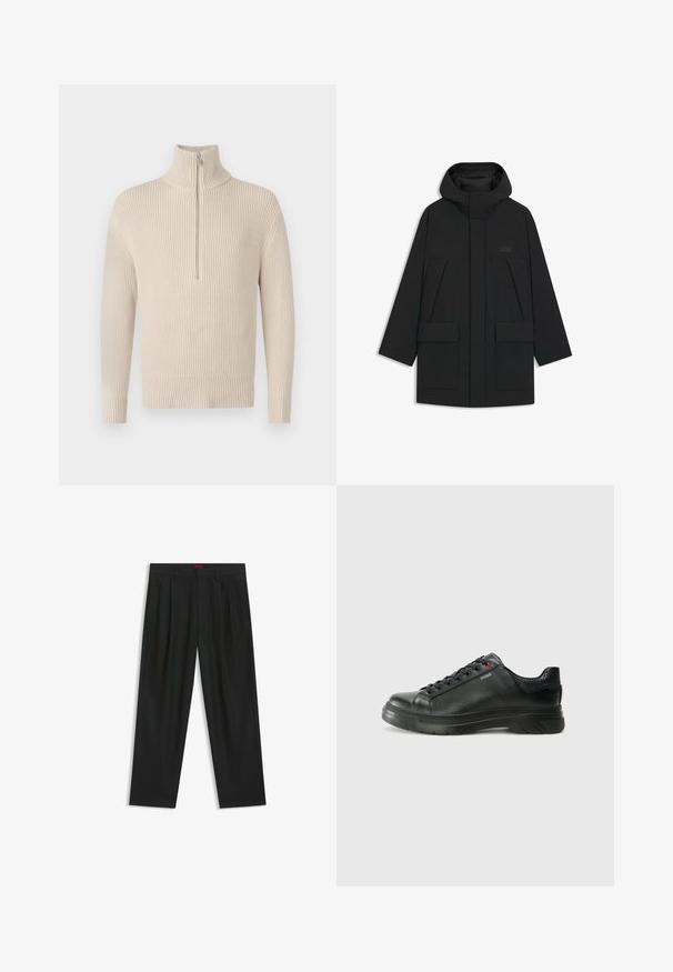 Schwarze Pufferjacke mit Kapuze, mit einem Reißverschluss, großen Fronttaschen und einem dezenten Logo auf der Brust. Glattes, leichtes Material.; Beige gerippter Strickpullover mit hohem Kragen und einem halben Reißverschluss. Verfügt über lange Ärmel und einen geraden Saum. Weiche Textur.; Schwarze Hose mit einem gefältelten Design, weiter Beinform und glatter Textur. Verfügt über ein rotes Taillenlabel.; Schwarze Leder-Sneaker mit strukturiertem Obermaterial, gepolstertem Kragen und rotem Logo-Detail. Verfügt über eine dicke Gummisohle mit markantem Profil.