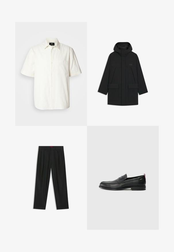 Black puffer jacket with a hood, featuring a zip closure, large front pockets, and a subtle logo on the chest. Smooth, lightweight fabric.; Short-sleeve, button-up shirt in off-white fabric with a pocket on the left chest and a classic collar design. Smooth texture.; Black trousers with a pleated design, wide leg shape, and a smooth texture. Features a red waistband tag.; Black leather loafers with a textured front panel and smooth sides. Features a slim heel and rear loop for easy wear. Classic design.