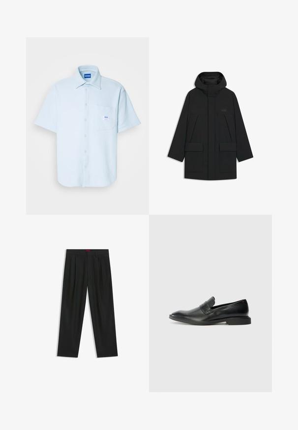 Giacca a vento nera con cappuccio, dotata di chiusura con zip, grandi tasche frontali e un logo discreto sul petto. Tessuto liscio e leggero.; Camicia azzurra a maniche corte, in tessuto testurizzato, con colletto, tasca frontale con etichetta e orlo dritto, adatta per un abbigliamento casual.; Pantaloni neri con un design plissè, forma a gamba larga e texture liscia. Presentano un'etichetta rossa in vita.; Mocassini in pelle nera con una texture liscia, punta affilata e tacco rettangolare basso. Presentano un dettaglio a fascia orizzontale sulla parte superiore.
