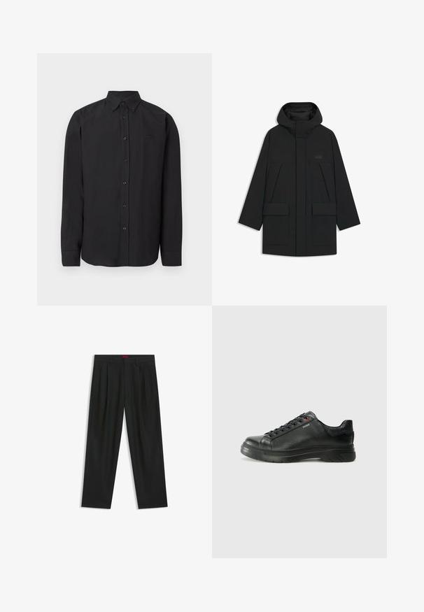 Black puffer jacket with a hood, featuring a zip closure, large front pockets, and a subtle logo on the chest. Smooth, lightweight fabric.; Black long-sleeve shirt with a button-down collar, smooth fabric, and subtle logo. Features buttons down the front and cuffed sleeves.; Black trousers with a pleated design, wide leg shape, and a smooth texture. Features a red waistband tag.; Black leather sneaker with textured upper, padded collar, and red logo detail. Features a thick rubber sole with distinct tread pattern.