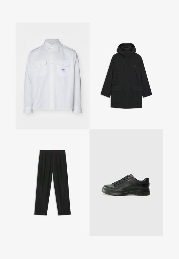 Black puffer jacket with a hood, featuring a zip closure, large front pockets, and a subtle logo on the chest. Smooth, lightweight fabric.; White long-sleeve shirt made of cotton, featuring two chest pockets and a button-down collar. Includes a small blue brand label on the left pocket.; Black trousers with a pleated design, wide leg shape, and a smooth texture. Features a red waistband tag.; Black leather sneaker with textured upper, padded collar, and red logo detail. Features a thick rubber sole with distinct tread pattern.