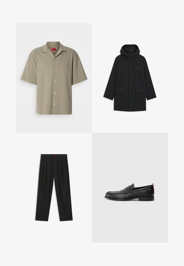 Black puffer jacket with a hood, featuring a zip closure, large front pockets, and a subtle logo on the chest. Smooth, lightweight fabric.; Short-sleeve khaki shirt with button front, soft texture, notch collar, and embossed logo. Classic design with a relaxed fit.; Black trousers with a pleated design, wide leg shape, and a smooth texture. Features a red waistband tag.; Black leather loafers with a textured front panel and smooth sides. Features a slim heel and rear loop for easy wear. Classic design.
