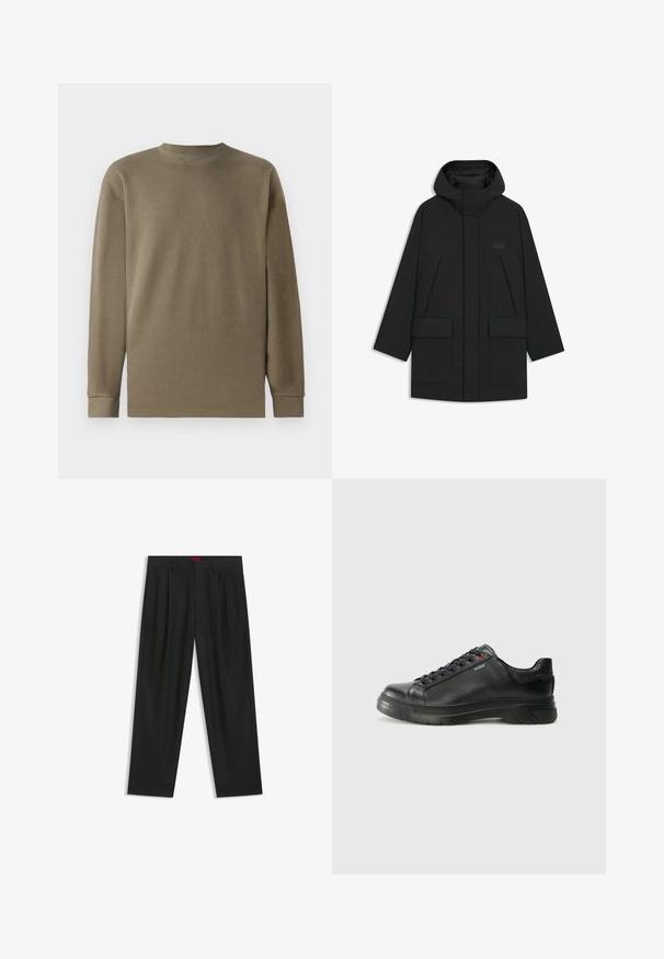 Mustaa puffatakkia hupulla, jossa on vetskari, suuret etutaskut ja huomaamaton logo rinnassa. Sujuva, kevyt kangas.; Oliivinvihreä pitkähihainen teksturoitu paita, jossa on pyöreä pääntie ja ribbikangas. Paita on suoran leikkauksen hihoilla ja helmoilla.; Mustat housut, joissa on poimutettu muotoilu, leveä lahjetyyppi ja sileä pinta. Varustettu punaisella vyötärötagilla.; Musta nahkakengät, joissa on teksturoidun pinnan, pehmustettu kaulus ja punainen logo. Kengissä on paksu kumipohja, jossa on selkeä uramalli.