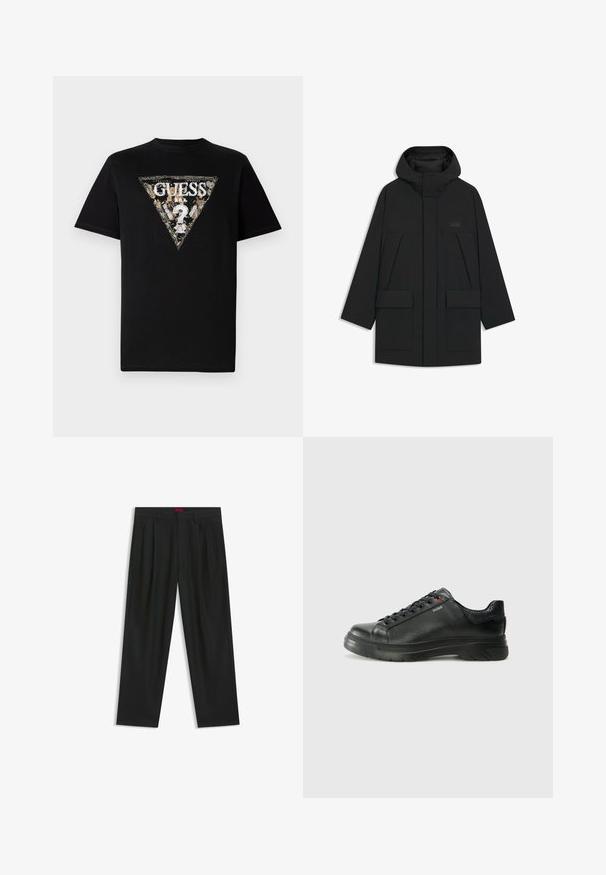 Zwarte bomberjack met capuchon, voorzien van een ritsluiting, grote voorkruiken en een subtiele logo op de borst. Zeker een gladde, lichte stof.; Zwarte katoenen T-shirt met een driehoekig geprint logo in goud en wit met bloemaccenten en de tekst "GUESS" in het midden.; Zwarte broek met een geplooid ontwerp, wijde pijpen en een zachte textuur. Voorzien van een rode taillebandlabel.; Zwarte leren sneaker met een gestructureerde bovenkant, gevoerde kraag en rode logo-details. Heeft een dikke rubberen zool met een opvallend loopvlakpatroon.