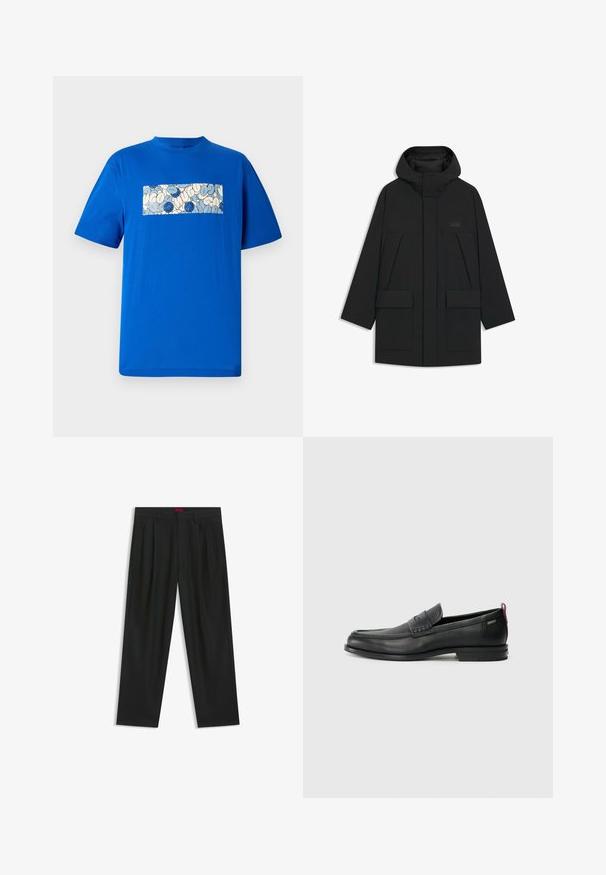 Black puffer jacket with a hood, featuring a zip closure, large front pockets, and a subtle logo on the chest. Smooth, lightweight fabric.; Blue cotton t-shirt with a rectangular graphic design featuring rounded shapes and blue accents in a light-colored background. Short sleeves.; Black trousers with a pleated design, wide leg shape, and a smooth texture. Features a red waistband tag.; Black leather loafers with a textured front panel and smooth sides. Features a slim heel and rear loop for easy wear. Classic design.