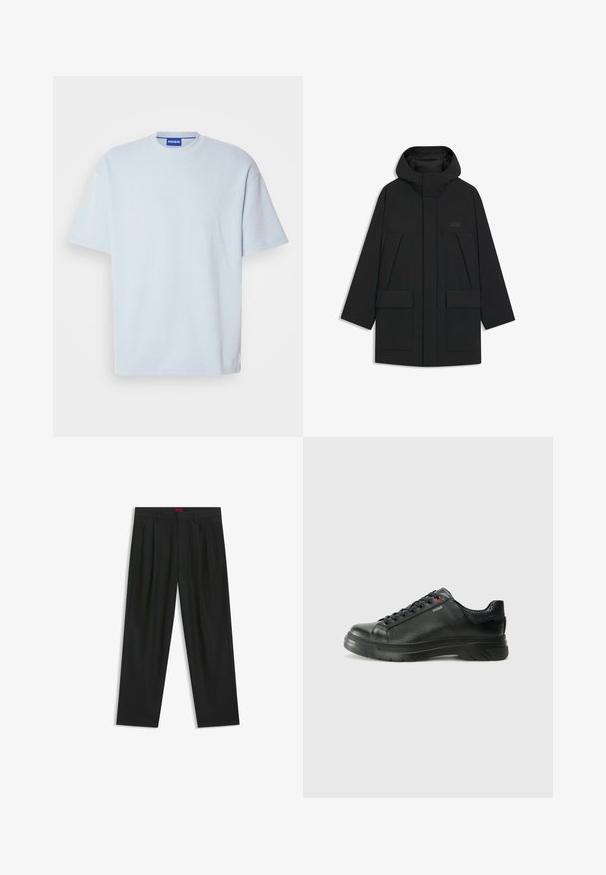 Mustaa puffatakkia hupulla, jossa on vetskari, suuret etutaskut ja huomaamaton logo rinnassa. Sujuva, kevyt kangas.; Vaaleansininen ribatusta materiaalista valmistettu t-paita, jossa on pyöreä kaula-aukko ja lyhyet hihat. Ominaisuuksiin kuuluu normaali istuvuus ja hillitty logokuvaus helman kohdalla.; Mustat housut, joissa on poimutettu muotoilu, leveä lahjetyyppi ja sileä pinta. Varustettu punaisella vyötärötagilla.; Musta nahkakengät, joissa on teksturoidun pinnan, pehmustettu kaulus ja punainen logo. Kengissä on paksu kumipohja, jossa on selkeä uramalli.