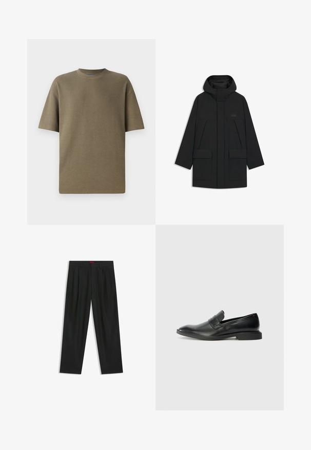 Chaqueta tipo puff negra con capucha, que cuenta con un cierre de cremallera, grandes bolsillos delanteros y un logo sutil en el pecho. Tela suave y ligera.; Camiseta de manga corta de canalé en color caqui con cuello redondo, que presenta un ajuste holgado y una textura suave, adecuada para un uso casual.; Pantalones negros con diseño plisado, forma de pierna ancha y textura suave. Presenta una etiqueta de cintura roja.; Mocasines de piel negra con textura suave, punta afilada y un bajo tacón rectangular. Presentan un detalle de cinta horizontal en la parte superior.