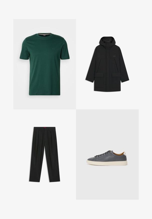 Sort puffet jakke med hætte, med lynlåslukning, store forlommer og et diskret logo på brystet. Glat, letvægtsstof.; BOSS THOMPSON - T-shirts basic - open green; Sorte bukser med plisseret design, bred benform og en glat tekstur. Har et rødt taljetag.; Grå lædersneaker med rund tå, gummisål, flade snørebånd og lyse detaljer på hælen. Glat tekstur og minimalistisk design.
