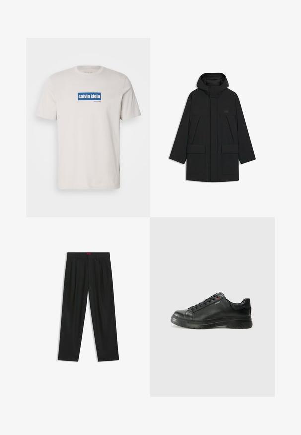 Black puffer jacket with a hood, featuring a zip closure, large front pockets, and a subtle logo on the chest. Smooth, lightweight fabric.; White cotton t-shirt featuring a blue rectangular logo with "calvin klein" and "new york city" in white text on the front. Classic fit.; Black trousers with a pleated design, wide leg shape, and a smooth texture. Features a red waistband tag.; Black leather sneaker with textured upper, padded collar, and red logo detail. Features a thick rubber sole with distinct tread pattern.