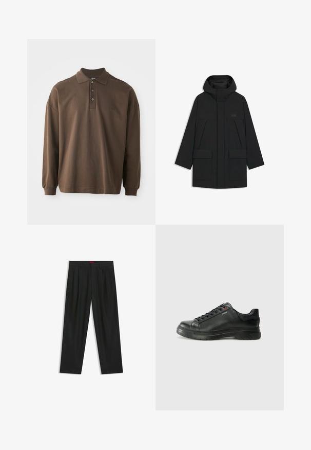 Giacca a vento nera con cappuccio, dotata di chiusura con zip, grandi tasche frontali e un logo discreto sul petto. Tessuto liscio e leggero.; Polo a maniche lunghe marrone con colletto, tre bottoni e polsini a costine. Realizzato in morbido cotone con una vestibilità comoda.; Pantaloni neri con un design plissè, forma a gamba larga e texture liscia. Presentano un'etichetta rossa in vita.; Sneaker nera in pelle con superficie testurizzata, collo imbottito e dettaglio logo rosso. Presenta una suola in gomma spessa con un motivo di battistrada distintivo.