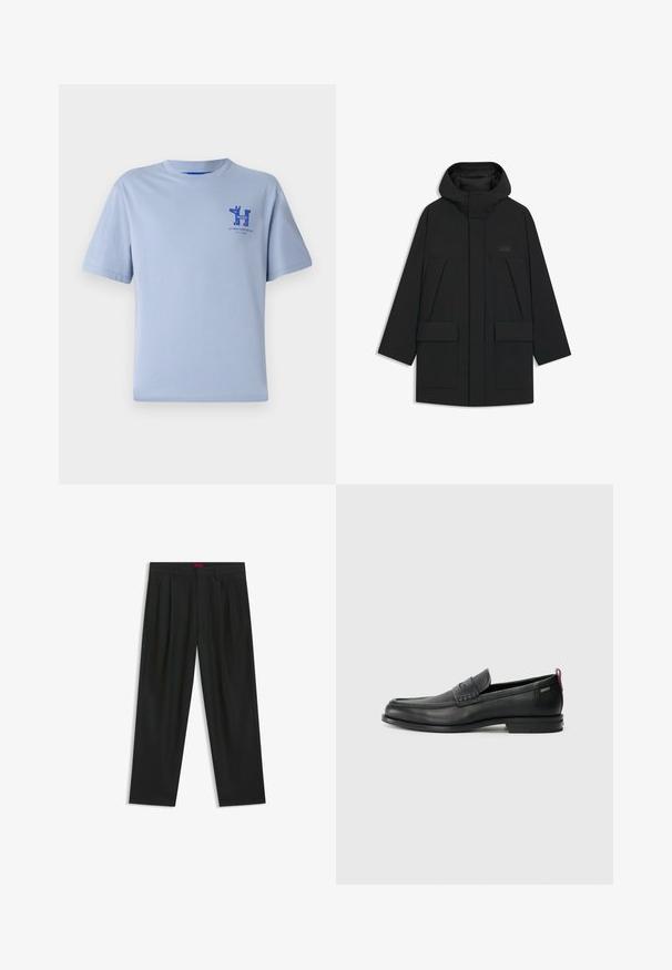 Black puffer jacket with a hood, featuring a zip closure, large front pockets, and a subtle logo on the chest. Smooth, lightweight fabric.; Light blue cotton t-shirt with short sleeves, round neckline, and blue printed graphic on the chest featuring text and design elements.; Black trousers with a pleated design, wide leg shape, and a smooth texture. Features a red waistband tag.; Black leather loafers with a textured front panel and smooth sides. Features a slim heel and rear loop for easy wear. Classic design.