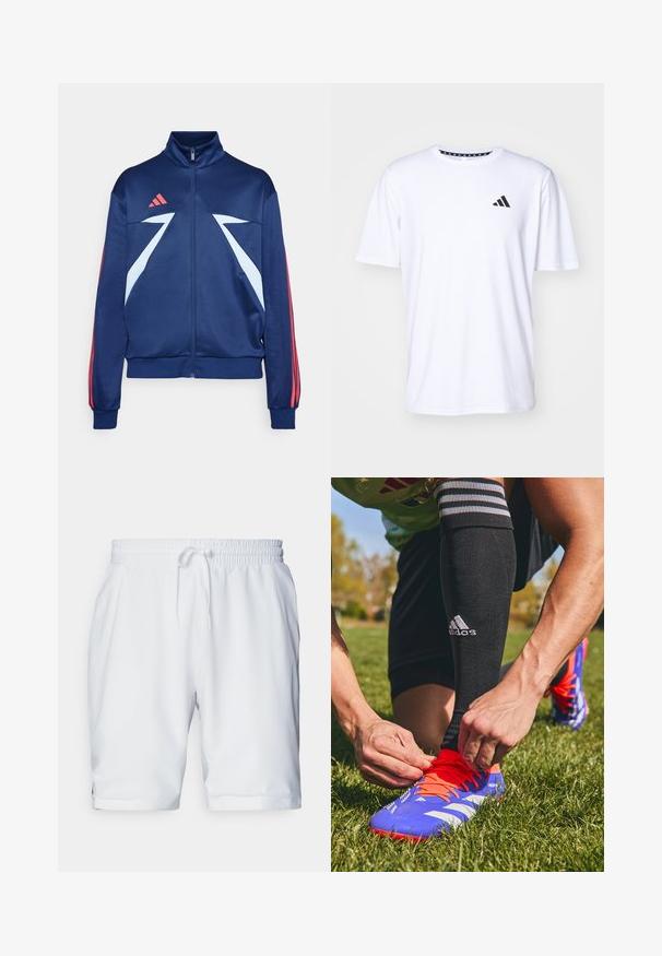 Navy blue athletic jacket with a high collar, zip closure, light blue accents, and red stripes on sleeves. Made from smooth, stretchy fabric.; White short-sleeve t-shirt made of fabric with a smooth texture. Features a black adidas logo on the left chest and a patterned collar.; White athletic shorts with an elastic waistband and adjustable drawstring. Smooth fabric with a subtle texture, featuring side pockets.; Blue and orange soccer cleat with white stripes, being tied by a hand. Black socks with stripes visible above the ankle. Green grass background.
