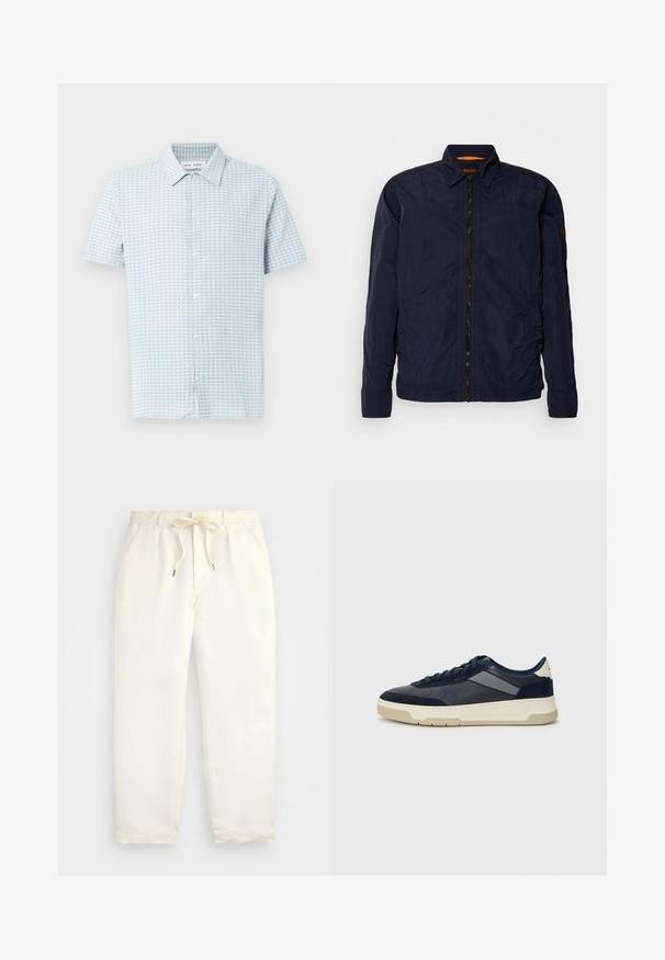 Giacca leggera di colore blu navy con una texture morbida, zip frontale e colletto. Presenta un'etichetta interna con marchio e dettagli cuciti sulle maniche.; Camicia con maniche corte e bottoni, a quadri piccoli bianchi e azzurri. Realizzata in tessuto leggero con colletto classico e vestibilità standard.; Pantaloni casual color crema chiaro, realizzati in tessuto morbido. Caratterizzati da una cintura elastica con cordoncino e un design con gamba a tapered.; BOSS BALTIMORE - Sneakers basse - open blue