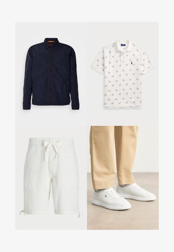 Navy lightweight jacket with a smooth texture, front zipper, and a collared neckline. Features branded inner tag and stitched detailing on sleeves.; White polo shirt made of cotton, featuring a repeated blue dog pattern and a small blue logo on the chest. Short sleeves and collar.; White cotton shorts with a drawstring tie at the waist, rolled hem with ties, and flat front pockets. Smooth, lightweight fabric texture.; White leather sneakers with a smooth finish, featuring round toe, lace-up design, and subtle logo detail on the side, paired with beige pants.