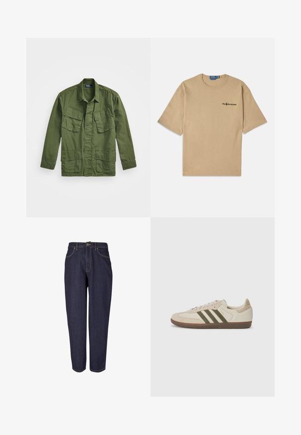 Olivgrüne, militärisch angehauchte Jacke mit langen Ärmeln, einem spitzen Kragen und vier Vorderseiten-Taschen. Hergestellt aus einem leichten, strukturierten Stoff.; Beige Baumwoll-T-Shirt mit kurzen Ärmeln, rundem Halsausschnitt und einem kleinen schwarzen Logo auf der linken Brustseite. Weiche Textur.; Dunkelblaue Jeans mit geradem Bein, traditionellem Five-Pocket-Design, dezenten goldenen Nähten und einem Metallknopfverschluss.; adidas Originals SAMBA OG UNISEX - Sneaker low - alumina/medium dark khaki/gum