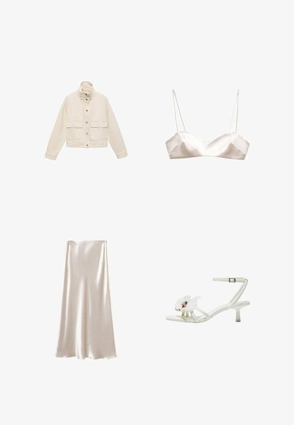 Light beige cropped jacket with a high collar, two front pockets, snap buttons, and a smooth, textured fabric.; Satin bralette in light ivory, featuring thin straps, a structured design, and slight V-shape at the front, with a smooth texture.; Satin midi skirt in cream, featuring a smooth, glossy texture and an A-line silhouette. Plain design with no additional embellishments.; White heeled sandal made of textured material, featuring a wide flower accent on the toe, thin straps, and a mid-height stiletto heel.