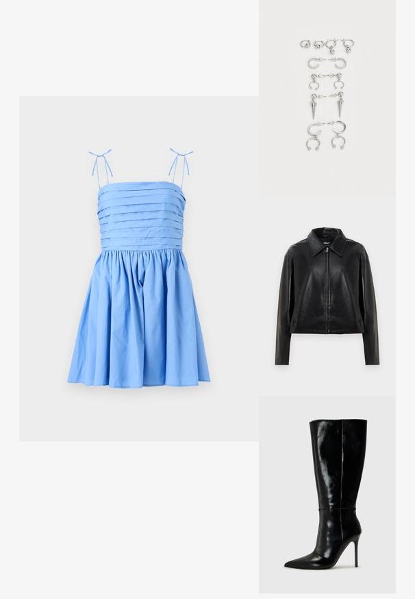 Fekete műbőr dzseki teljes elülső cipzárral, hegyes gallérral és oldalsó zsebekkel, fehér háttér előtt bemutatva.; Világoskék ruha vékony, állítható pántokkal. Felsőt pleat-elt részletekkel és gyűrött szoknyával tervezték, sima, puha anyagból.; Fekete bőrből készült, térd fölé érő csizmák hegyes orral és magas stiletto sarokkal. Simára csiszolt textúra és elegáns kivitelezés, minimális díszítéssel.; Ezüst fülbevalók készlete, különböző dizájnokkal: karikák, bedugós fülbevalók és lógó stílusok, golyós díszítésekkel és hegyes elemekkel.