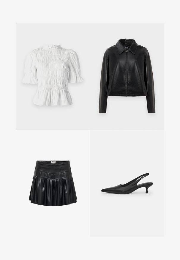 Svart faux lærjakke med full frontglidelås, spiss krage og sidelommer, vist mot en hvit bakgrunn.; Hvit kortermet bluse med samlet tekstur, volangkrage og bredde på ermene. Har peplum-kant og elastisk midje.; Langermet, kremfarget tettsittende topp med rynket båtue og kant, vist på en enkel lys grå bakgrunn.; Svart skjørt i kunstlær med folder, tettsittende liv og dekorativt utstyr på sidene. Glatt tekstur med en blank overflate.; Svart lær slingback sko med spiss tå og smal, buet hæl. Har en diskret justerbar rem med en metallspenne.
