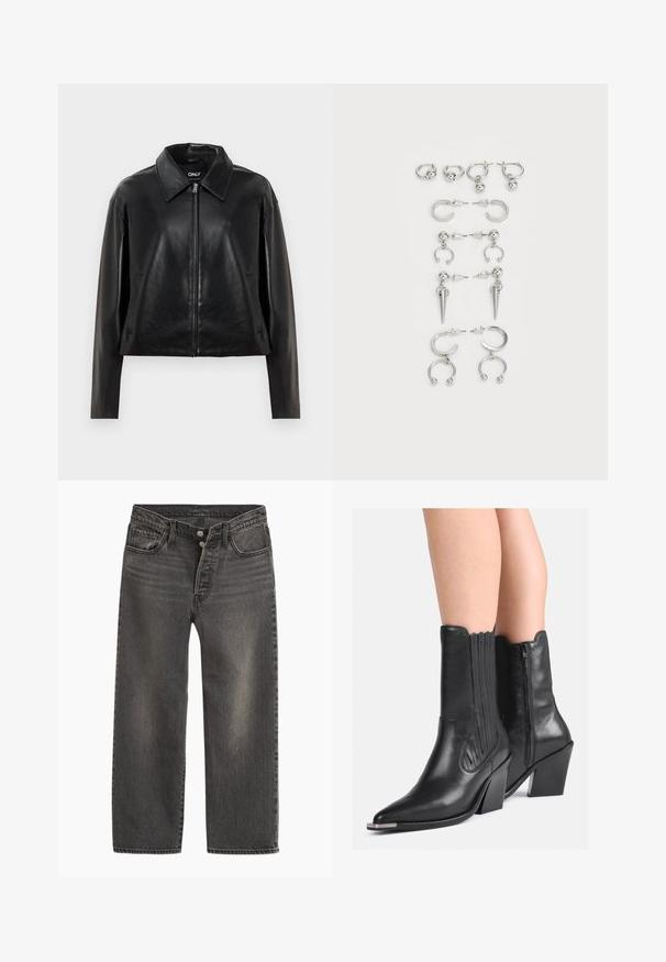 Musta tekonahkainen takki, jossa on täysi edestä vedettävä vetskari, terävä kaulus ja sivutaskut, esitelty valkoista taustaa vasten.; Musta ribbineulottu hihaton paita, jossa on pyöreä pääntie, koristeltu useilla kiiltävillä paljeteilla ja helmillä eri muodoissa ja väreissä.; Mustat farkut suoralla lahkeella, korkealla vyötäröllä ja nappilistalla. Ominaisuuksiin kuuluu hienovarainen haalistuma ja kontrastisaumaus.; Mustat nahkaiset cowboy-kengät, jotka ulottuvat pohkeeseen, teräväkärkiset, pinotut korot, sivuvetoketju ja koristeompelu, käytössä paljaille säärille.; Sarja hopeisia korvakoruja, joissa on erilaisia muotoiluita: rengas-, nappi- ja roikkuvat tyylit, joissa on pallomaisia korostuksia ja teräviä elementtejä.