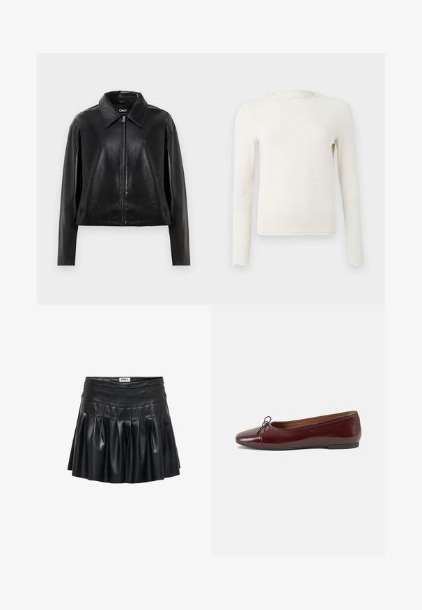 Crna umjetna kožna jakna s punim prednjim zatvaračem, šiljastim ovratnikom i bočnim džepovima, prikazana na bijeloj pozadini.; Dugi rukav, kremasti uski top s volanima na okruglom izrezu i rubu, prikazan na jednostavnoj svijetlosivoj pozadini.; Crna imitacija kože suknja sa plisama, uskim strukom i dekorativnim hardverom sa strane. Glatka tekstura s sjajnim završetkom.; Burgundska lakirana balerinka s zaobljenim vrhom, malim mašnom sprijeda i niskom, crnom gumenom potplatu. Glatka tekstura.