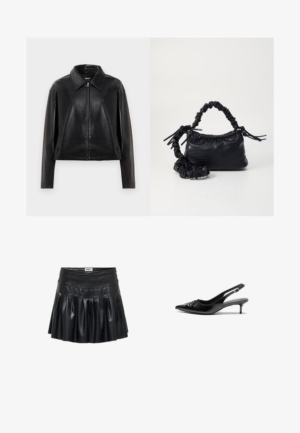 Schwarze Kunstlederjacke mit vollem Vorderreißverschluss, spitzem Kragen und seitlichen Taschen, vor einem weißen Hintergrund präsentiert.; Langärmliges, cremefarbenes, tailliertes Oberteil mit gerafftem Rundhalsausschnitt und Saum, auf einem schlichten hellgrauen Hintergrund präsentiert.; Schwarzer Kunstlederrock mit Falten, einem taillierten Bund und dekorativer Hardware an den Seiten. Glatte Textur mit glänzendem Finish.; Schwarze Leder-Slingback-Absätze mit einer spitzen Zehenform, kleinen Kitten-Absätzen und einem dekorativen Knoten-Detail auf der Vorderseite. Glatte Textur über die gesamte Fläche.; Schwarze Handtasche aus Kunstleder mit Krokodilstruktur, gerafftem oberen Teil und einem geschoppten Tragegurt. Sie wirkt weich und kompakt im Design.