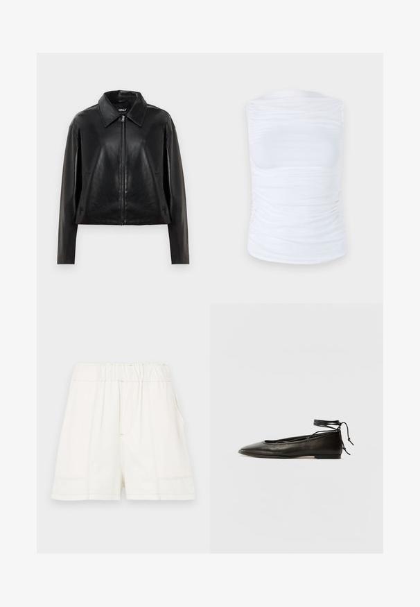 Black faux leather jacket with full front zipper, pointed collar, and side pockets, displayed against a white background.; White sleeveless top made of smooth, stretchy fabric with gathered details along the sides, featuring a round neckline and a fitted silhouette.; White cotton shorts with an elastic waistband, featuring side pockets and visible seam detailing for added texture.; Black leather ballet flats with a pointed toe, ankle tie, and flat sole, featuring a smooth texture and minimalistic design.