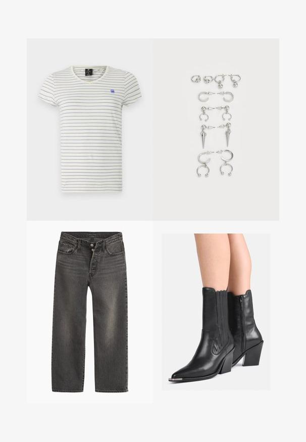 Must must nahkjakkt, millel on täispikk tõmblukk, terav krae ja küljetaskud, esitatud valge tausta taustal.; Kreemjas toonis lühikeste varrukatega triibuline T-särk siniste horisontaalsete triipudega. Omab V-kaelust ja väikest sinist logo vasakul rinna kohal.; Mustad teksapüksid sirge säärega, kõrge vöökohaga ja nööpide sulgemisega. Disainil on peene tuhmumise ja kontrastõmblused.; Mustad musta nahast poolpikkade cowboy saapad, terava ninaga, kihtidega kontsadega, külgzipperiga ja dekoratiivsete õmblustega, kantud paljaste jalgade peal.; Hõbedaste kõrvarõngaste komplekt, mis sisaldab erinevaid stiile: rõngad, kõrvaaugud ja rippuvad mudelid, millel on kuulitaolised aktsendid ja teravad elemendid.