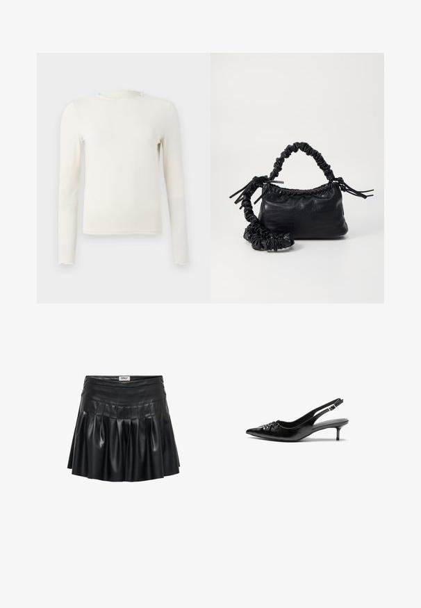 Melna mākslīgās ādas jaka ar pilnu priekšējo rāvējslēdzēju, norādītu apkakli un sānu kabatām, attēlota uz balta fona.; Garais garām piedurknēm, krēmkrāsas pieguļošs tops ar viļņainu apkakli un apakšmalu, prezentēts uz vienkārša gaiši pelēka fona.; Melnā mākslīgā ādas svārki ar krokām, pieguļošu jostasvietu un dekoratīvu aparatūru malās. Gluda tekstūra ar spīdīgu apdari.; Melni ādas slingbeki ar smailu purngalu, zemu papēdi un savāktu detaļu uz virsmas. Gluda tekstūra un minimālistisks dizains.; Melnā mākslīgās ādas rokassoma ar krokodila rakstu, savilkta augšdaļa un saburzīta siksna. Izskatās mīksta un kompakta pēc dizaina.