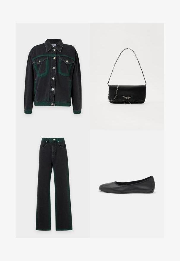 Juodas džinsinis švarkas su žaliais akcentais, sidabriniais mygtukais, dviem krūtinės kišenėmis ir laisvu siluetu. Audinys yra švelnus.; Balta ilgomis rankovėmis marškiniai su apykakle, pagaminti iš medvilnės. Su mygtukų užsegimu priekyje ir viena krūtinės kišenė. Lygus paviršius, laisvas siluetas.; Juodi plačiakojai džinsai su žaliais akcentais, pagaminti iš džinsinio audinio, su aukštu liemeniu, priekinėmis kišenėmis ir metaliniu užsegimu.; Juodai odiniai baletai su apvaliu pirštu, lygi texture, minimalus siuvimo detales ir lanksčiu padų dizainu.; Juodas odinis delninukas su sidabro spalvos grandinele, papuoštas dekoratyviniais sparnų akcentais ir balta siūle apačioje.