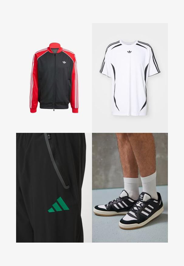 Schwarze Netzjacke mit roten Ärmeln, mit drei weißen Streifen auf jedem Ärmel und einem kleinen weißen Logo auf der Brust. Reißverschluss.; Weißes Kurzarm-T-Shirt mit schwarzen seitlichen Akzenten und drei schwarzen Streifen auf den Schultern. Enthält ein kleines schwarzes Logo auf der Brust.; Schwarze Sporthosen aus glattem Stoff, verziert mit einem grünen Adidas-Logo und einer Reißverschlusstasche mit kontrastierendem Besatz.; Schwarz-weiße Sneaker mit einem Obermaterial aus Wildleder und Leder, ausgestattet mit drei weißen Streifen, einer perforierten Zehenpartie und einer Sohle aus Gummi.