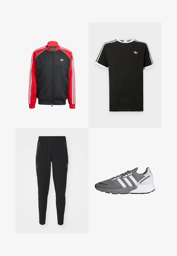 Svart nätjacka med röda ärmar, med tre vita ränder på varje ärm och en liten vit logotyp på bröstet. Dragkedja som stängning.; Svart t-shirt i bomull med vita detaljer. Har korta ärmar, raglan-design och en liten logotyp på bröstet. Tre vita ränder på axlarna.; Svarta sportbyxor med avsmalnande passform. Funktioner inkluderar resårmidja, sidofickor med dragkedja och en logotyp på vänster ben. Slät yta.; Grå och vit sportskor med en mesh-överdel, tre vita ränder, en vadderad sula och en texturerad grå gummiyttersula.
