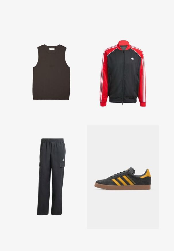 Crna mrežasta jakna s crvenim rukavima, s tri bijele pruge na svakom rukavu i malim bijelim logotipom na prsima. Patentni zatvarač.; Tamno smeđi bezrukavnik od rebraste tkanine, s okruglim izrezom i suptilnom izvezenom oznakom branda u odgovarajućoj boji na prednjoj strani.; Crne cargo hlače s elastičnim pojasom, dva bočna džepa i suptilan logo na lijevom bedru. Izrađene su od lagane tkanine.; Crne nubuk tenisice s žutim detaljima, sa tri pruge i smešnim gumenim potplatom. Imaju jastučić na jeziku za udobnost.