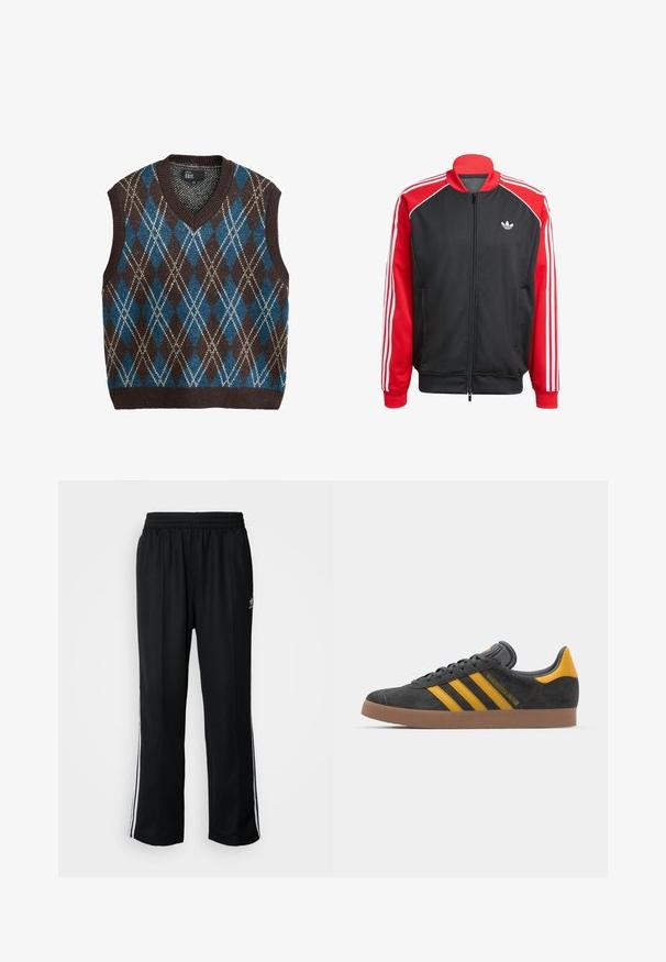 Schwarze Netzjacke mit roten Ärmeln, mit drei weißen Streifen auf jedem Ärmel und einem kleinen weißen Logo auf der Brust. Reißverschluss.; Ärmellose Weste mit V-Ausschnitt in Braun, Blau und Creme im Rautenmuster. Aus strukturiertem Wollmix mit geripptem Saum und Armöffnungen.; Schwarze Sporthosen mit elastischem Bund, ausgestattet mit weißen Seitenstreifen und einem kleinen Logo. Das Material wirkt weich und leicht.; Schwarze Wildledersneaker mit gelben Akzenten, ausgestattet mit drei Streifen und einer braunen Gummisohle. Enthält eine gepolsterte Zunge für zusätzlichen Komfort.