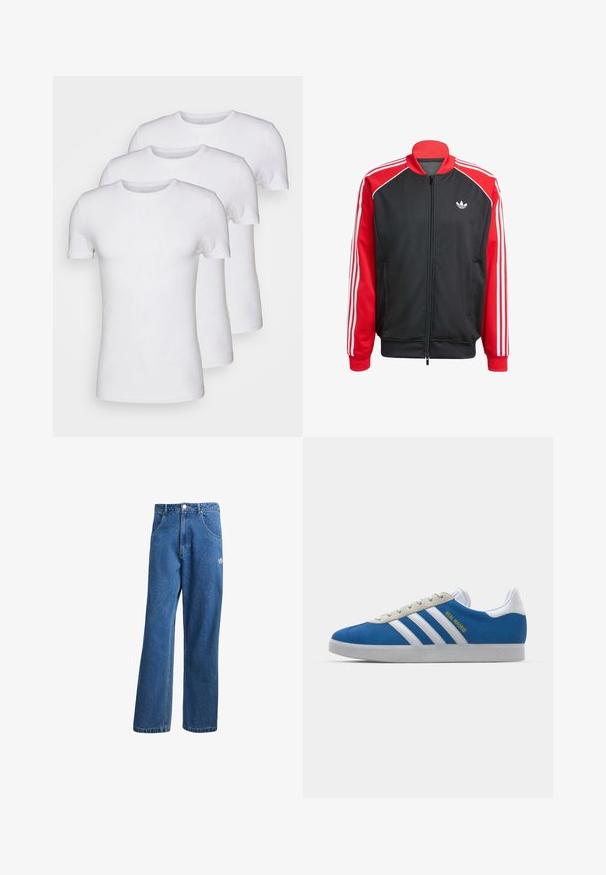 Casaco preto de malha com mangas vermelhas, apresentando três riscas brancas em cada manga e um pequeno logótipo branco no peito. Fecho com fecho de correr.; Três t-shirts de algodão brancas com mangas curtas e decote redondo, textura suave, sem padrões ou gráficos.; Calças de ganga azul com cintura alta e perna larga, com bolsos frontais, passadores de cinto, fecho de botão e pequeno logótipo da Adidas na coxa direita.; adidas Originals ADIDAS GAZELLE SHOES - Botas de futebol de salão - real madrid/bluebird/footwear white/crew yellow