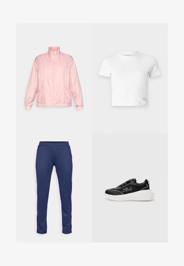 Világos rózsaszín, cipzáros dzseki magas gallérral, finom mintával, elasztikus mandzsettákkal és enyhén fényes szövettextúrával.; Fehér, rövid szabású, sima pamut póló, magas nyakkivágással és rövid ujjakkal. Kicsi hímzett logó az alsó sarokban.; Sötétkék sportnadrág sima anyagból, keskenyedő fazonnal, rugalmas derékkal és fehér oldalsávokkal. Két zsebet tartalmaz.; Fekete sneaker fehér talppal, bőrből és szövetből készült. Kontrasztos varrással és logóval rendelkezik az oldalon. Enyhén megemelt sarokkal.