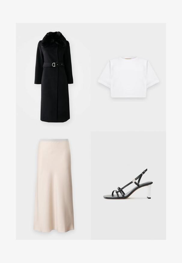 Black wool coat with a faux fur collar, belted waist, long sleeves, and a straight cut. Smooth texture with a classic design.; Cropped white t-shirt made of soft fabric, featuring short sleeves, a round neckline, and ribbed hem details. Simple and unembellished design.; Pale beige midi skirt with a smooth, satin-like finish and a light gray elastic waistband. Flared design tapering towards the hem.; Black heeled sandals with multiple narrow straps, a slingback design, and a silver accent on the heel. Smooth upper material and square heel.