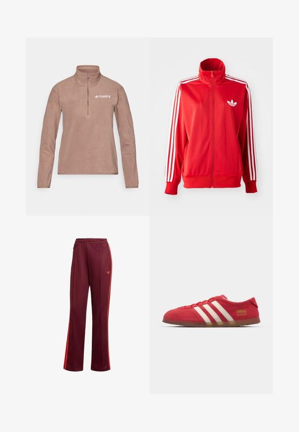 Giacca a zip rossa in tessuto liscio, con accenti bianchi a tre strisce sulle maniche e un piccolo logo bianco sul petto.; Pile marrone con collo a mezzo zip, maniche lunghe e piccolo logo bianco "TERREX" sul petto a sinistra. Texture morbida, design minimale.; Pantaloni sportivi bordeaux con elastico in vita, cerniere laterali e strisce arancioni sui lati. Tessuto morbido con design a gamba dritta.; Sneaker in suede rosso con design a tre righe bianche, suola piatta e dettaglio del logo oro. Design a taglio basso con punta arrotondata e chiusura con lacci.