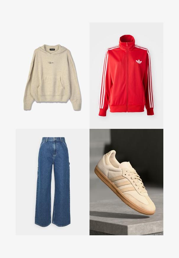 Giacca a zip rossa in tessuto liscio, con accenti bianchi a tre strisce sulle maniche e un piccolo logo bianco sul petto.; Felpa beige morbida con tasca frontale, polsini a coste e cappuccio con coulisse. Presenta il logo "Pegador" in nero sul petto.; Pantaloni in denim blu a gamba larga con vita alta, cuciture a contrasto e tasche laterali, caratterizzati da un classico design a cinque tasche e orli grezzi.; Sneaker in suede beige chiaro con suola in gomma, tre strisce diagonali e punta con texture. Presenta il logo sulla linguetta e sul lato.