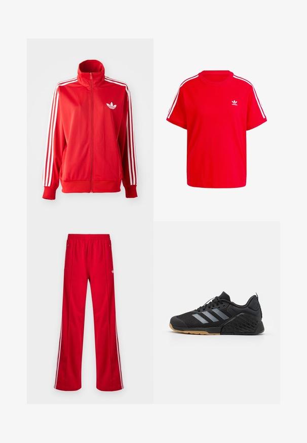 Czerwona kurtka sportowa na zamek wykonana z gładkiego materiału, z białymi trzema paskami na rękawach oraz małym białym logo na piersi.; Czerwona bawełniana koszulka z okrągłym dekoltem, krótkimi rękawami, białymi akcentami w postaci trzech pasków na ramionach oraz małym białym logo na piersi.; Czerwone spodnie sportowe o luźnym kroju, z elastycznym pasem, dwoma bocznymi kieszeniami oraz białymi paskami po bokach. Wykonane z gładkiego, syntetycznego materiału.; Czarny but sportowy z siateczkową cholewką, szarym wzorem w trzy paski, gumową podeszwą oraz teksturowanymi akcentami na pięcie i boku.