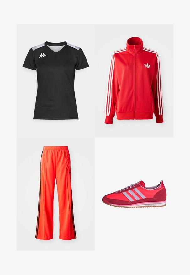Casaco de treino vermelho com fecho éclair, feito de um tecido suave, apresentando detalhes em branco com três riscas nas mangas e um pequeno logótipo branco no peito.; Camisa atlética preta com mangas curtas. Apresenta um design de decote em V, realces cinzas nos ombros e um logotipo branco no lado esquerdo do peito. Textura suave.; Calças desportivas laranja brilhante com um design de pernas largas, apresentando riscas laterais pretas e uma cintura elástica. Inclui um bolso com fecho.; Sapatilha com parte superior em camurça vermelha e sintético, com três riscas lilás claras, atacadores texturizados e sola em borracha de goma. Design clássico de sapatilha de corrida.